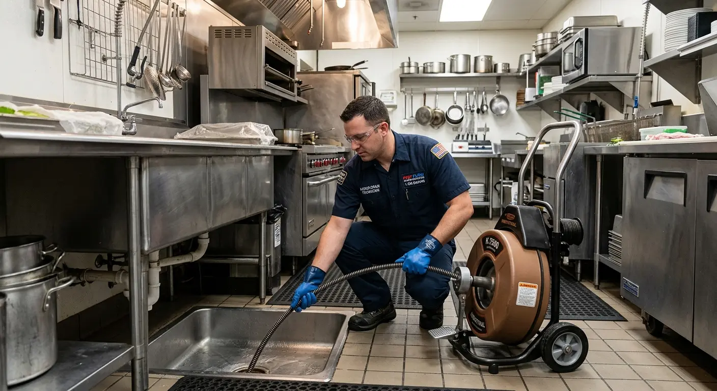 Commercial drain cleaning service in a restaurant kitchen in Ayden