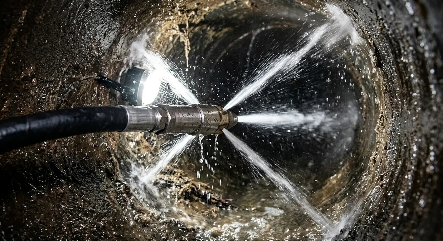 High-pressure hydro jetting nozzle cleaning sewer pipe for Sewer Cleanout in Ayden