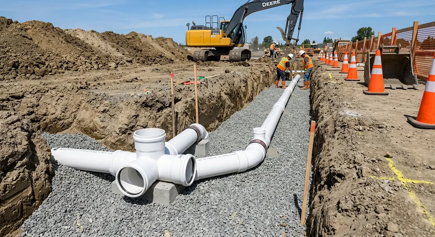 New PVC sewer pipe installation in open trench for Commercial Drain Cleaning in Ayden