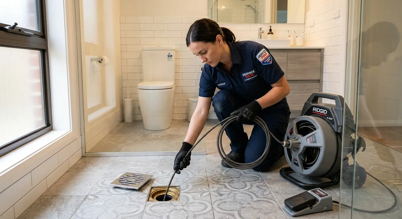 Technician clearing a bathroom floor drain for Sewer Line Replacement in Ayden